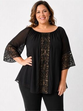 Vintage Collection Plus Size Black Lace-Trim Peasant Blouse L
